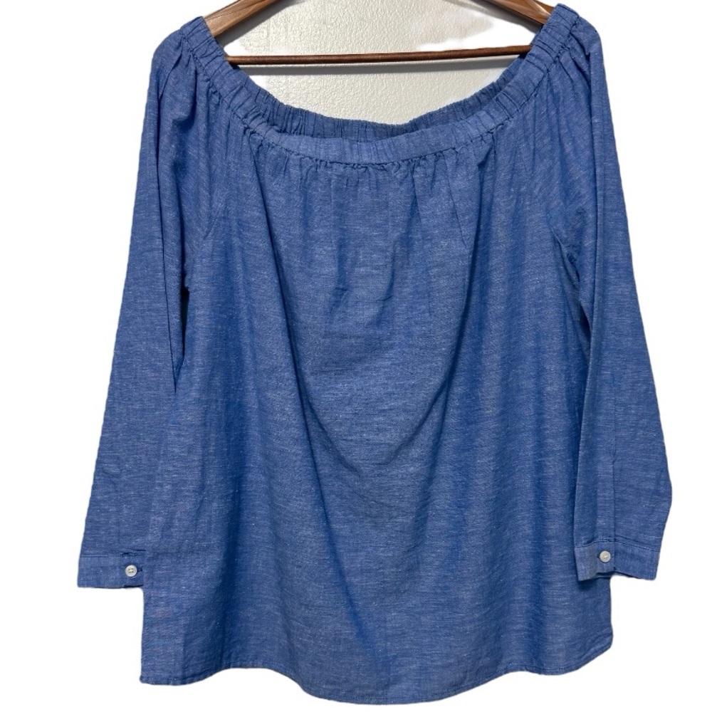 NWT Bass Linen Blend Womens Large Chambray Long Sleeve Top Boat Neckline Blouse